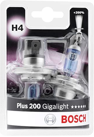 Bosch H4 Plus 200 Gigalight Halogen-Glühlampe für Auto-Scheinwerfer, 12 V 60/55 W, 200% mehr Licht - Lampensockel Typ P43t - 2er-Pack Ersatz-Scheinwerferlampen