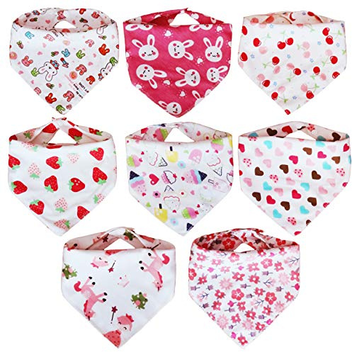 Miya 8-pack triangulära babyhaklappar, 100 % ekologisk bomull, baby dregellapp, småbarn halsdukar, med söta motiv och 2 justerbara tryckknappar, absorberande i två lager, färgglad, En Storlek