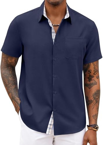 COOFANDY Men's Beach Shirts Short Sleeve Casual Shirt Summer Hawaiian Linen Shirts Navy Blue