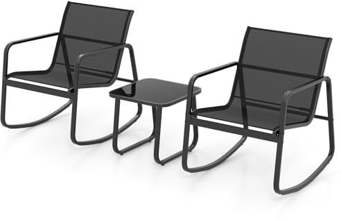 KOMFOTTEU Set da Bistrò in Tessuto Textilene, Set da Giardino in 3 Pezzi, Tavolo Portato 50 kg, 2 Sedie a Dondolo Portate 150 kg, Set Tavolo e Sedie da Esterno, Nero (Nero)