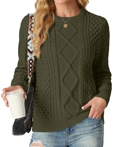GRECERELLE Ladies Jumpers Crew Neck Cable Knitted Sweater for Women UK Long Sleeve Pullover Tops (Army Green,L)