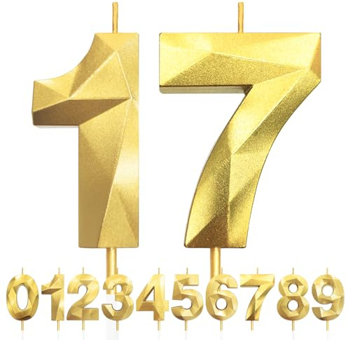 3D Gold Zahlenförmige Kerzen für Geburtstag Party, 17, 5cm, Tortendeko für Hochzeiten, Jubiläen, Birthday Candle Nummer 17