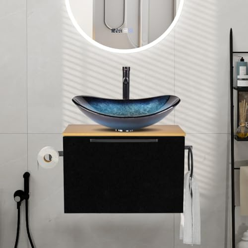 YU YUSING Ensemble de Meubles de Salle de Bain 60cm avec Lavabo, Armoire de Rangement avec Porte-Serviettes et Porte Papier Toilette, Meuble sous Lavabo, Vasque à Poser,Ensemble Robinets(Ovale Bleu)