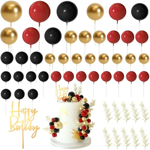 MIAHART Ball Cake Toppers Boho Grass Cake Topper Ball Cake Decoration for Birthday Wedding Baby Shower Party Decorations Boho Themed Party Supplies (Red,black,gold)