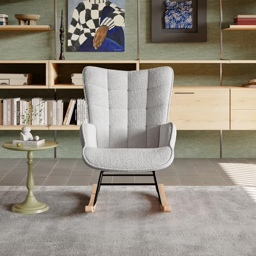 QLTXYHML Chaise à Bascule Ergonomique en Velours - Fauteuil Relax et Allaitement pour Salon ou Chambre - Chaise bébé avec Dossier à Carreaux et Remplissage éponge (Gris Clair)