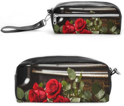 LYHVSFJW Red Rose on Piano Pencil Case, Large Capacity Pencil Pouch with Zipper, Coin Pouch Cosmetic Bag Leather Pen Bag for Office Stationery Cosmetics