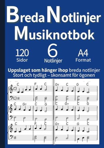 Breda Notlinjer Musiknotbok: Kontinuerliga Notlinjer över Dubbelsidan | Idealisk för Barn, Nybörjare & Seniorer | För Pianolektioner och Komposition | A4 (Blå)