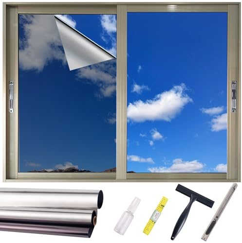 Heat Reflective Sun Blocking One-Way Mirror Privacy Window Film 60 * 300cm | Static Cling, No Adhesive,Anti-glare,UV protection,Free Installation Tools,Daytime Privacy See Out Not In,Black-Silver