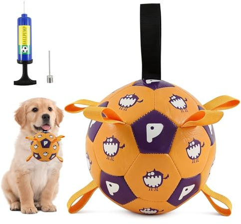 cupeohome Palla da calcio per cani, con manico e pompa, giocattolo intelligente, adatto per razze piccole, medie e grandi (giallo, 15 cm)