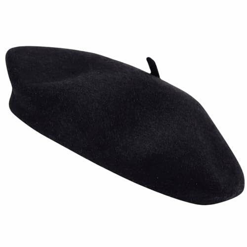 Generisch Französische Baskenmütze aus Wolle für Damen und Herren, Klassisches Unisex Barett, Einfarbig Schwarz, Weich, Warm und Vintage, Künstlerhut für Erwachsene