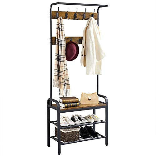 Yaheetech Coat Rack, Coat Stands for Hallway with Bench, Entryway Shoe and Coat Rack Storage, 183cm Height Hall Tree with Shoe Bench, 23 Hooks, Rustic Brown