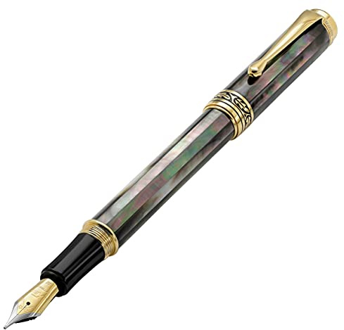 Xezo Maestro stylo plume, plume moyenne. Fabriqué à la main avec nacre noire de Tahiti. Plaqué or 18 carats. Numéroté, irisé, chaque pièce unique