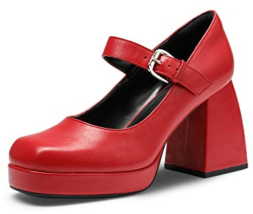 DREAM PAIRS Escarpins Femme Talon Haut Mary Jane à Bout Carré Style Y2K avec Plateforme Confort Chaussures Lolita,Size 39,Rouge-PU,SDPU2331W