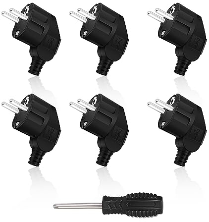 6 Stücke Schuko Stecker, 16A Schutzkontakt Stecker 250V Schukostecker Gummi Schutzkontaktstecker + 1x Schraubendreher Winkel-Stecker, Stromstecker IP44 Wasserdicht für Außenbereich, Schwarz