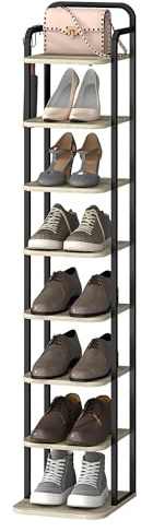 Hzuaneri Vertical Shoe Rack for Small Spaces, Ivory and Black | 8-Tier, 26.5 cm Wide, Wood Shoes Organizer with 2 Hooks for Closet, Entryway, Freestanding, SR04305B