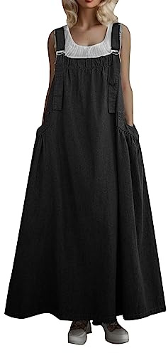 DaPongZhi Robe en Jeans Jupe Salopette Femme Grande Taille Maxi Robe Été Vintage Robe en Denim Chic et Élegant Jarretelles Jupe Longue Robe avec Boutons Salopette Longue à Bretelle sans Manche
