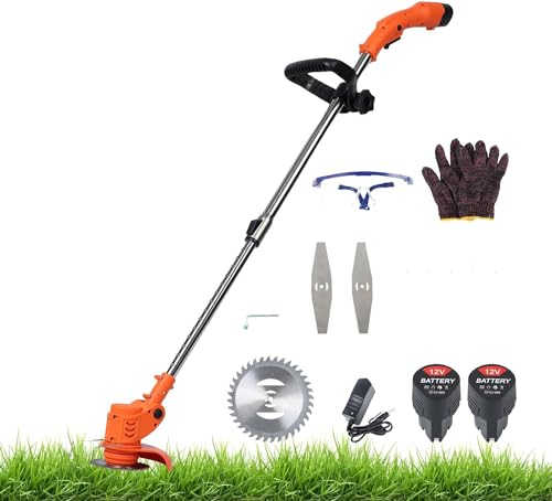 Akku-Rasentrimmer,12V Gartentrimmer mit 2 Batterien und 1 Ladegerät,18000R/min Kabelloser Rasentrimmer Kantenschneider mit verstellbare Teleskopstange,Leichter Freischneider,450W Gartenmäher