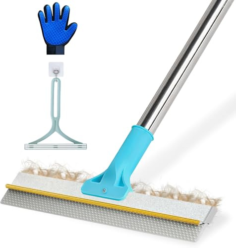 Carpet Rake for Pet Hair Removal - 54 Adjustable 2 in 1 Carpet Broom with Copper Rake Scraper & TPU Brush, Reusable Cat Dog Hair Remover Tool for Deep Cleaning Carpets, Rugs, Mats, and Stairs (Blue)