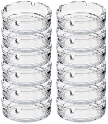 HOMESHOPA Round Glass Ashtrays, 12 Pack Solid & Practical Transparent Glass Ash Tray for Cigarettes Cigars, Clear Stackable Ashtray for Indoor Outdoor Home Office Restaurant Decorative Tabletop