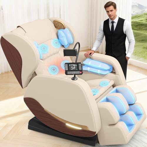 yewglen 2026 Massage Chair Full Body, Zero Gravity Recliner with Heat | Foot Massage, 8 Airbags, Lumbar Heating, Wood Grain Leather, Bluetooth and Control Screen, Suitable Home & Office