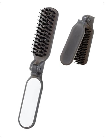 SanKristo Spazzola da Viaggio, Spazzola Portatile per Capelli con Specchio, Pieghevole Pettine con Setole di Cinghiale, Mini Pettine per Massaggio Cuoio Capelluto, per Viaggi, Borse, Palestra, Grigio
