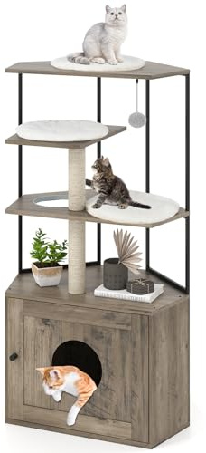 GOPLUS Meuble Litiere Chat D’Angle, 78x50x138 CM, Maison de Toilette Chat avec 2 Poteaux à Griffer en Sisal, 3 Coussins Doux, Balle Suspendue et Trou d’Entrée, Armoire en Bois Intérieur pour Chatons