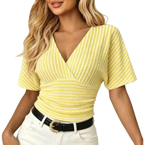Maglietta da donna a righe, a maniche corte, scollo a V, effetto avvolgente, estiva, slim fit, snellente, Y2K, leggera e confortevole, per il tempo libero, O giallo, S