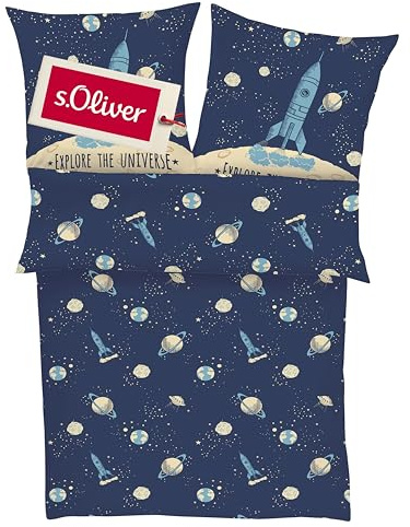 s.Oliver Kinderbettwäsche Universum 135x200 cm - 100% Baumwolle, praktischer Reißverschluss & maschinenwaschbar, Bettwäsche für Kinder Astronaut & Rakete 2tlg. blau