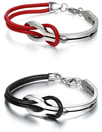 Flongo 2PCS Pulsera para Parejas, Brazalete de Parejas Cuero, con diseño de Signo de Infinito, de 20,5 cm, Color Negro Marrón Acero Inoxidable Rojo Negro