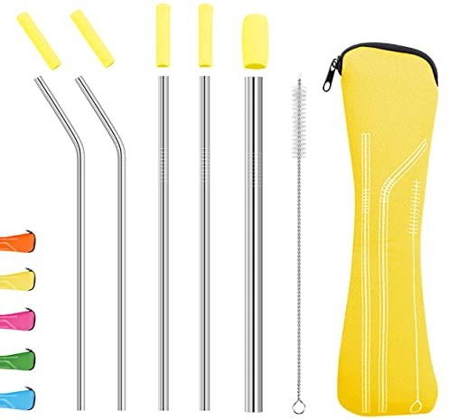 Uoking Metal Straws Set, Food Grade 304 Stainless Steel Straws with Soft Silicone Tips for Smoothie and Hot/Cold Drinks, Storage Pouch and Cleaning Brush Include(Yellow)