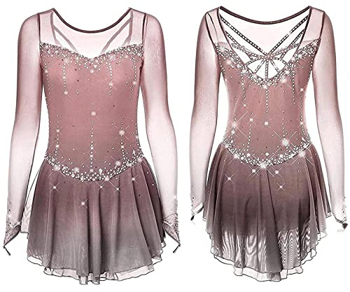 ZEDDG Vestido De Patinaje Artístico Niña Trajes De Rendimiento De Competición Profesional Vestidos De Baile Maillot De Gimnasia Artistica Mujere Ropa De Patinaje,Khaki-M