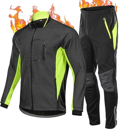 HOMTOL Herren Radjacke set Winter Thermal wasserdicht Winddicht Fahrradjacke Radjacke Winter Thermo Fleece Radtrikot Set Fahrradbekleidung Atmungsaktiv Lange Radhose Radjacke + Fahrradhose