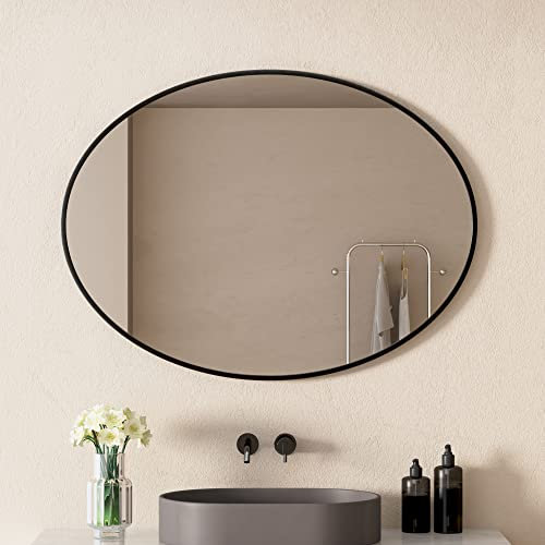 WDWRITTI Modern Ovaler Spiege,80 x 60 cm oval Wandspiegel,Horizontal oder Vertikal Aufhängen, für Schlafzimmer,Wohnzimmer,Badezimmerspiegel(Schwarz)
