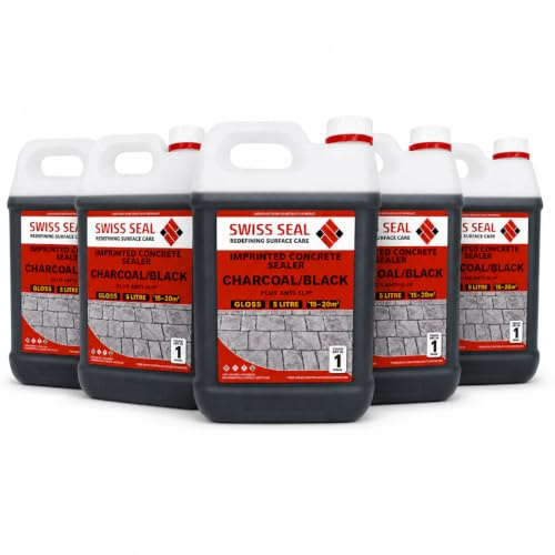 Swiss Seal | CHARCOAL/BLACK Coloured Imprinted Concrete Sealer GLOSS FINISH + ANTI-SLIP | Colour Tinted Driveway & Patio Seal - Wet Look | Colour Tint Sealant For Outdoor Concrete Floor (5 x 5 Litre)