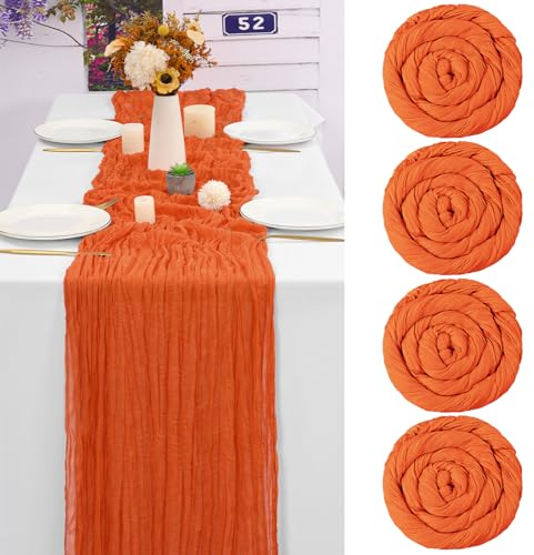 Teruntrue Runner da tavola in garza da 4 pezzi Runner da tavola arancione ruggine, tovaglia di garza 300 cm decorazioni rustiche per cucina Forniture per feste di nozze (arancione ruggine, 300 cm)