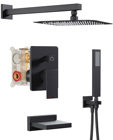 HoliSpa Black Shower System with Tub Spout, All Metal Tub Shower Faucet Set with 10 Rain Shower Head and Handheld Spray combo, Wall Mounted Tub Shower Systems with Valve and Trim Kit, Matte Black
