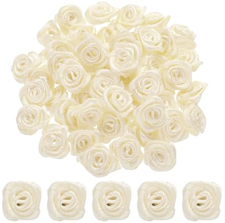QUARKZMAN 100pz 1,5cm Mini Rose di Nastro in Raso Fiori Artificiali Stoffa Nastro Raso per Accessori Fai Da Te Cucito Confezione Regalo Decorazione Matrimonio, Beige