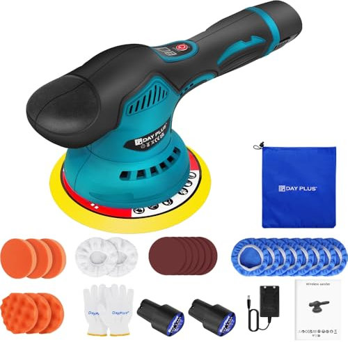 Akku Poliermaschine Set, Exzenter Poliermaschine 125mm, Auto Poliermaschine Set 22pcs, Akku Auto Poliermaschine mit 2 Batterien,8 Variable Geschwindigkeiten Akku Wachsmaschine für die Autodetailing