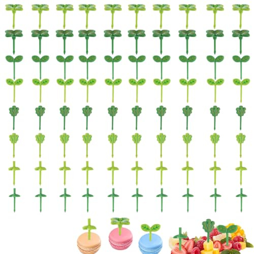 pinchos dulces, mini palillos de dientes, Dulce Mini para Postre de adultos Pastelería Fruta Partido Niños, Mini tenedor de frutas y snacks para niños, con forma de hoja, 80 pcs, colorido y divertido