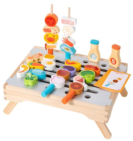 XWUX Kinder-Grillset aus Holz, 34-teiliges kindergrill Spielzeug, inklusive Grillrost, Fleisch, Gemüse, Meeresfrüchten und Gewürzgläsern, 10 doppelseitigen Karten, kinderküche zubehör ab 3 Jahren