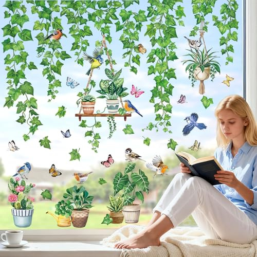 wondever Stickers Fenetre Feuilles Verts Pendaison Vigne Autocollant Fenêtre Plante en Pot Oiseaux Electrostatique Anti-Collision Décoration pour Fenêtre Porte Cuisine