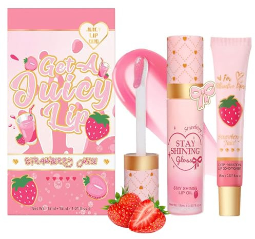 Lip Conditioner & Lip Oil Set, Tinted Lip Balm Set, Lipstick Lipgloss Waterproof Long Lasting Lipstick for Lip Plumper Gloss And Makeup,Liquid Blush Lip Tint Gift (Strawberry, One Size)