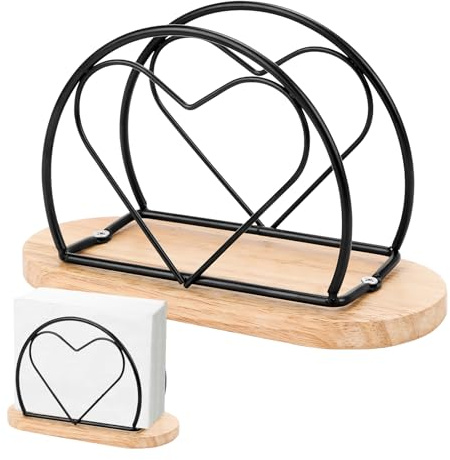 Metall Serviettenhalter Schwarz mit Holzsockel, Herzförmiger Serviettenständer Servietten Halterung für Küche, Zuhause, Bar, Restaurant, Stabil und Nicht Leicht zu Fallen