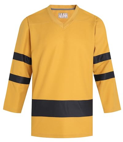 Pullonsy Plain Gold Hockey Jersey for Men Women Father Mother Family Party Vintage Outfits Casual T-Shirts Fitness Tops Halloween Outfits Gold Jersey-Black Stripe, Men Size Large