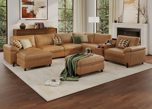 SITJOY 138 Oversized Sectional Couches for Living Room, Extra Large Deep Seat Couch with Versatile Console, Cupholders, 6 Seater V Shaped Couch, Washable Scratch-Resistant Faux Leather in Brown