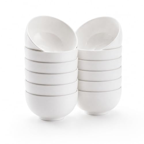AntoKueh White Ceramic Bowls Set of 12 for Kitchen, Dessert, Dipping, Fruits,460ml/16oz, Christmas Gift