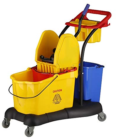 Chiner - Carro de fregado completo profesional Compact. Sistema de fregado profesional con prensa, doble cubeta auxiliar, cestillo para accesorios, barra y ruedas de transporte.