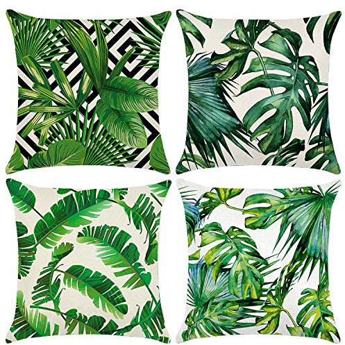 Cushion Covers 45 x 45 cm，Set of 4 pillow cover Cotton and Linen Pillow case Cushion Covers for Sofa garden bed couch cushions(Leaf-4)