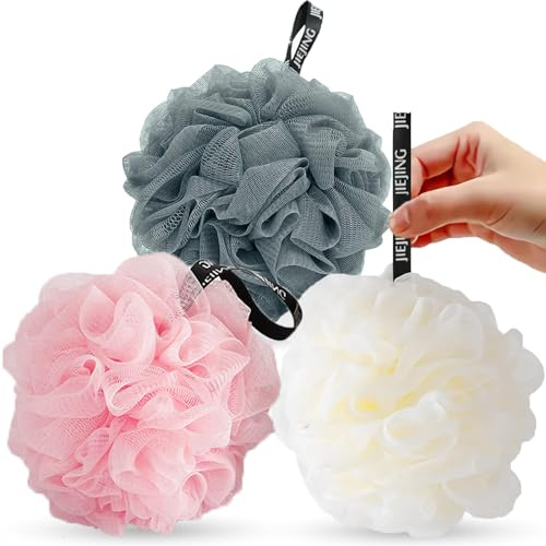 DDUP loofah,Shower Puff,Bath Loofah,Body Brush, Mesh Sponge, Mens Shower loofah,Exfoliating Bath Scrunchie for Women and Men, Soft Body Scrubber Bath Sponge 3pcs(Light Colour)