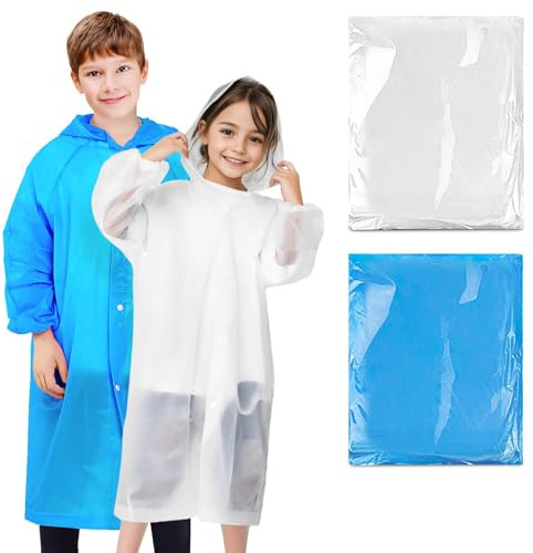 BFONS 2 Pcs Rain Ponchos for Kids Reusable, EVA Raincoats for Boys Girls with Hood and Sleeves, Waterproof Rain Coats Perfect for Camping, Hiking and Travel Outdoor Accessories Blue White